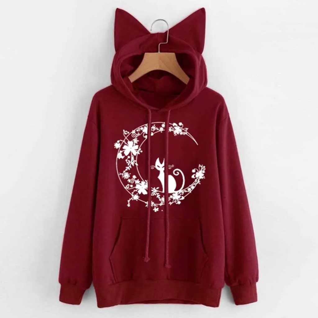 Fankle Hoodies Sweatshirts for Women Plus Size Long Sleeve Pullover Loose Oversized Cat Ear Hooded Long Jumpers Blouses 