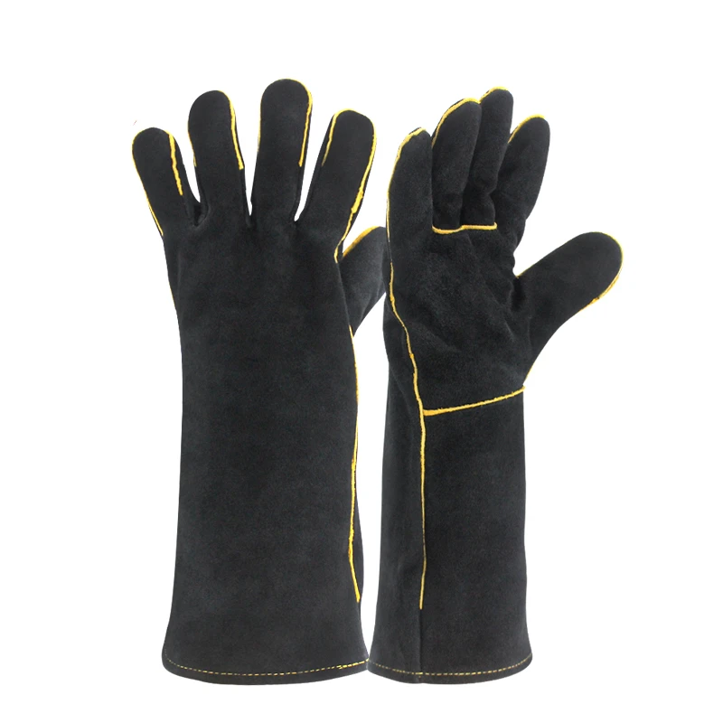 

Black Welding Gloves Cow Split Leather Welder Heat Resistant Oven Working Glove For Wood Stove BBQ