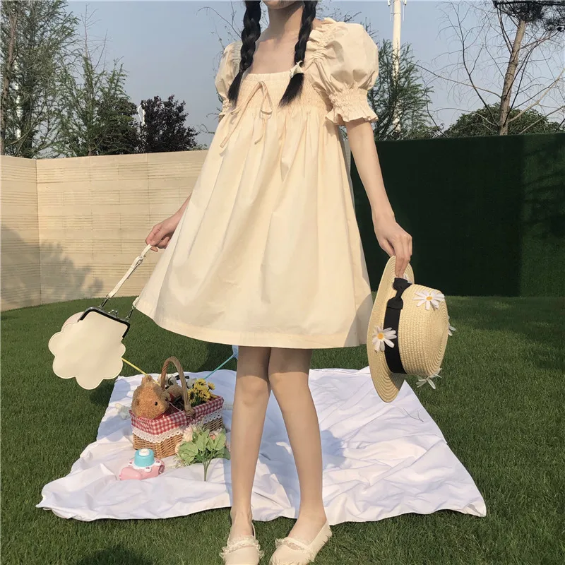 

2020 New Summer Women Sweet Bubble Short Sleeve Cute College Style Princess Dress Young Girl Thin Square Collar High Waist Dress