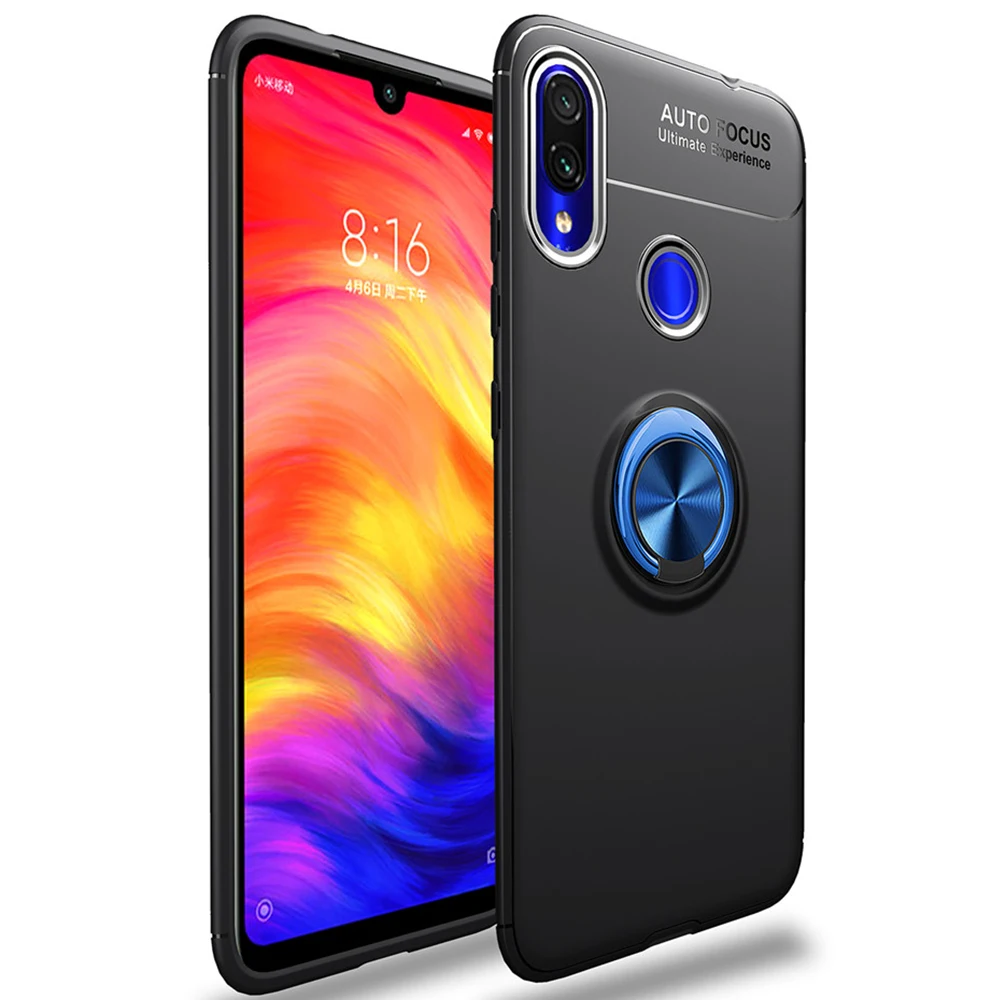 Чехол для Xiaomi Redmi Note 7 Pro, цветное металлическое магнитное кольцо-держатель, Мягкий Силиконовый ТПУ Роскошный чехол для Xiaomi Redmi Note 7 - Цвет: Black Blue