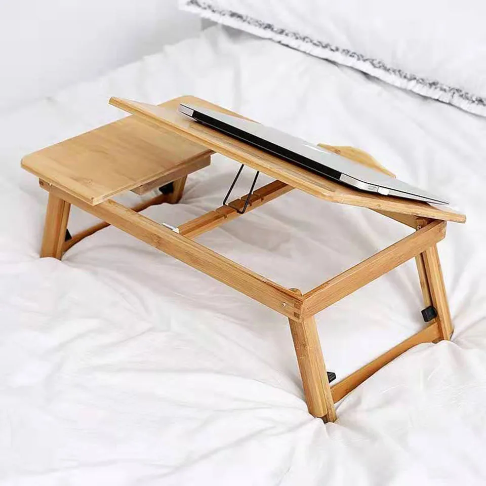 Бамбуковый стол для ноутбука, Регулируемый Поднос для завтрака с выдвижным ящиком, портативный складной поднос для сервировки кровати, Настольный держатель для работы с едой