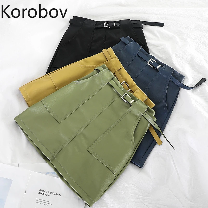 

Korobov Vintage A-Line High Waist Skirt Korean Sashes Pocket Women OL Faldas Autumn Winter New PU Saia Mujer 78952