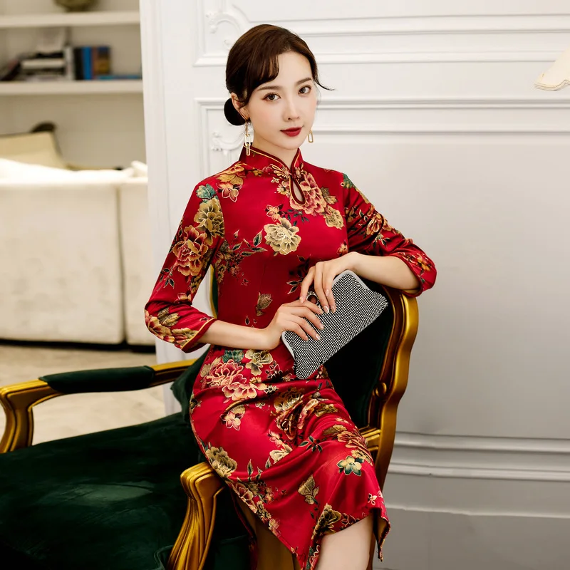 Женское платье вечернее платье с принтом три четверти рукав cheongsam бархат vestidos китайское платье свадебное платье Размер M-4XL
