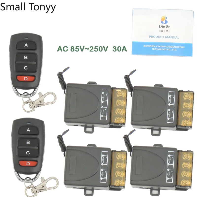 

AC 75~250V 30A 6600W 1CH 4 gangs 433 Mhz Remote Control Switch High power Relay Receiver Module for Remote Light \ Electric Door
