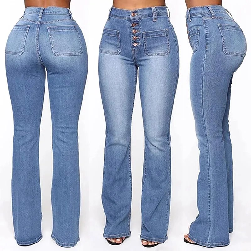 Washed High Waist Button Boot-cut Jeans Women Casual Long Pants Trousers XRQ88 Washed High Waist Button Boot-cut Jeans Women Casual Long Pants Trousers XRQ88