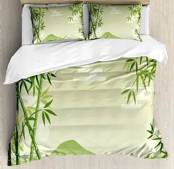 

Green Leaf Duvet Cover Set Abstract Bamboo Trees in Japanese Forest Botanical Oriental Outdoors Bedding Set Green