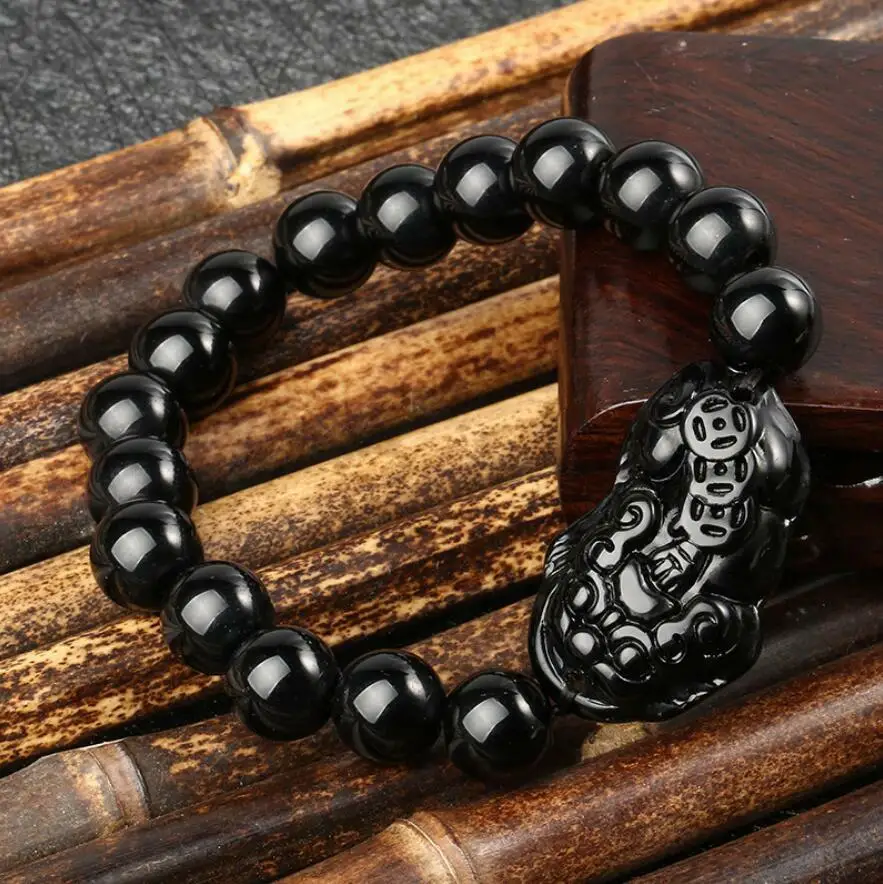 Мужской/женский браслет из черного камня Feng Shui Pi Xiu Obsidian с бусинами золотые
