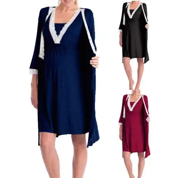 

Plus Size Sexy Nightgown Pregnant Women Solid Color Lace Patchwork 3/4 Sleeve Bath Robe Kimono Sleepwear Chemises