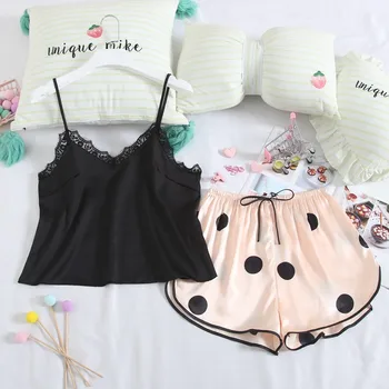 

Summer New Women Sleepwear Strap Top&Shorts Satin Sexy Pajamas 2PCS Sleep Set Nightwear Silky Intimate Lingerie Pijamas Homewear