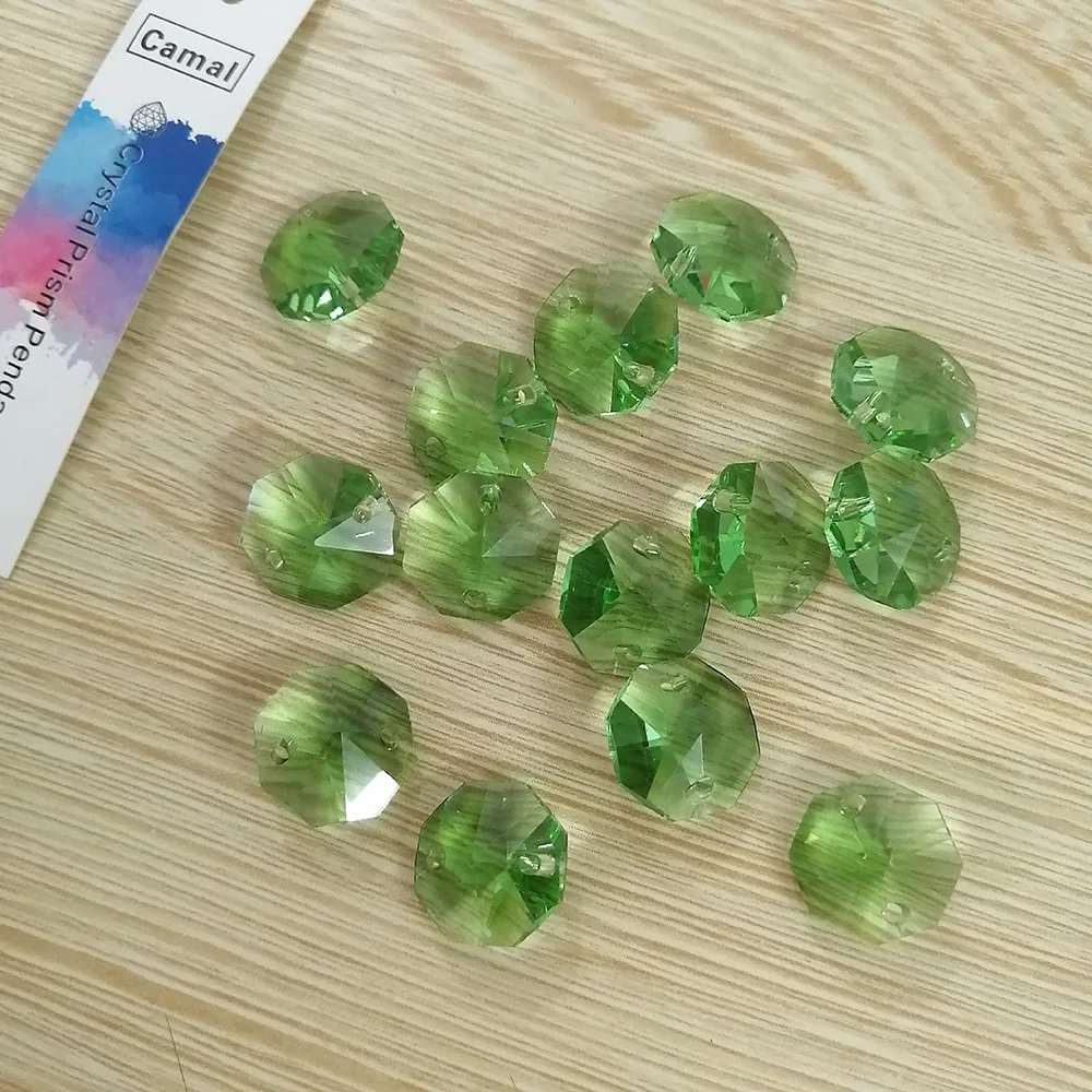 Camal 20pcs Apple Green 14mm Crystal Octagonal Loose Bead Two Holes Prisms Chandelier Lamp Parts Accessories Wedding Centerpiece