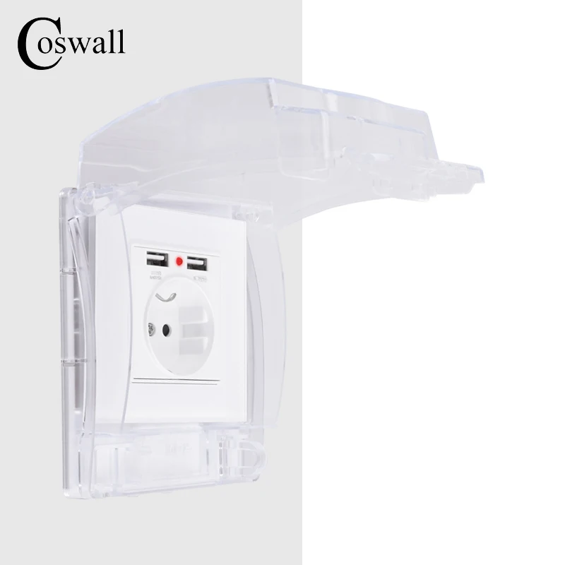 Coswall IP55 Водонепроницаемая Пыленепроницаемая прозрачная коробка+ белая стеклянная настенная панель стандарт ЕС розетка с двойным usb зарядным портом - Тип: BOX With Socket