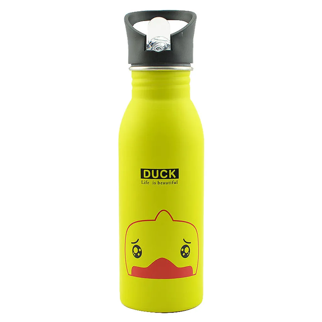 Cute Children Water Bottle Portable Outdoor Stainless Steel Water Bottles Cute Animal Pattern Cup Cold Drink Bottle with Straw