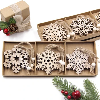 

12PCS/Box Christmas Snowflakes Wooden Pendants Xmas Tree Hanging Ornaments DIY Decorations Kids Gifts Home Party Supplies