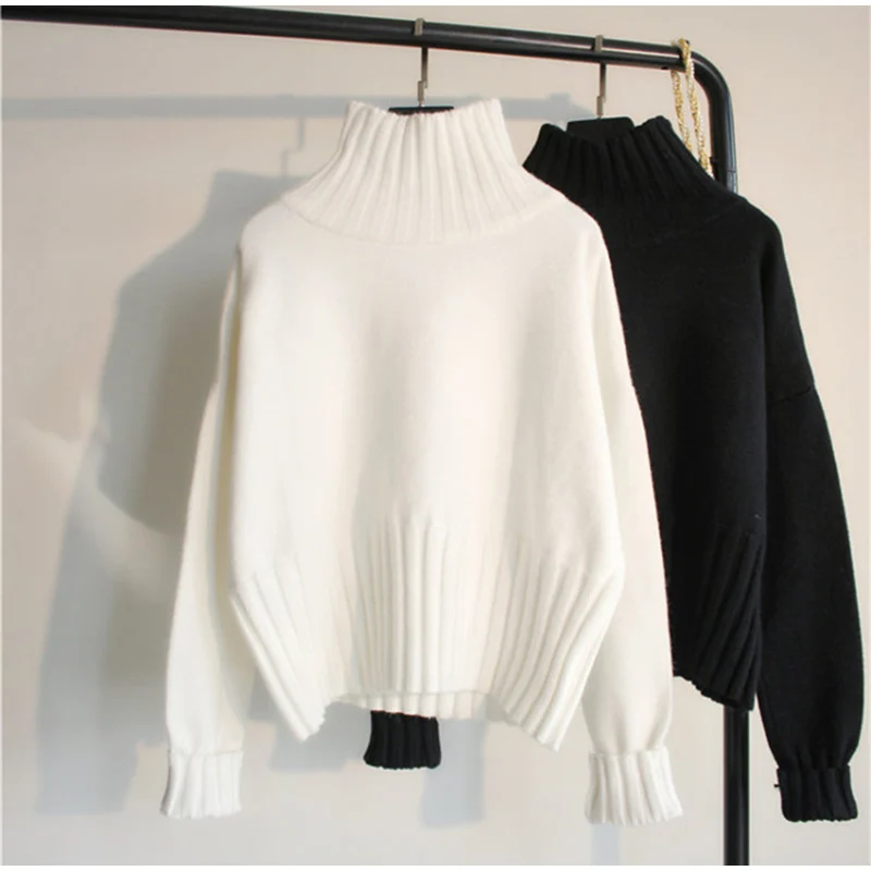 

Women's Turtleneck Sweater Knitted Ribbed Pullover Black White Winter High Elasticity Slim Jumper 2019 Autumn Sweaters Female