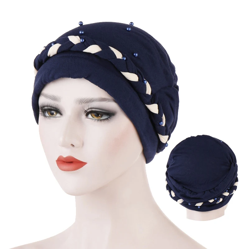 

Two-color bead turban cap jersey inner hijabs bonnet Indian wrap head hijab underscarf caps femme musulman muslim headdress