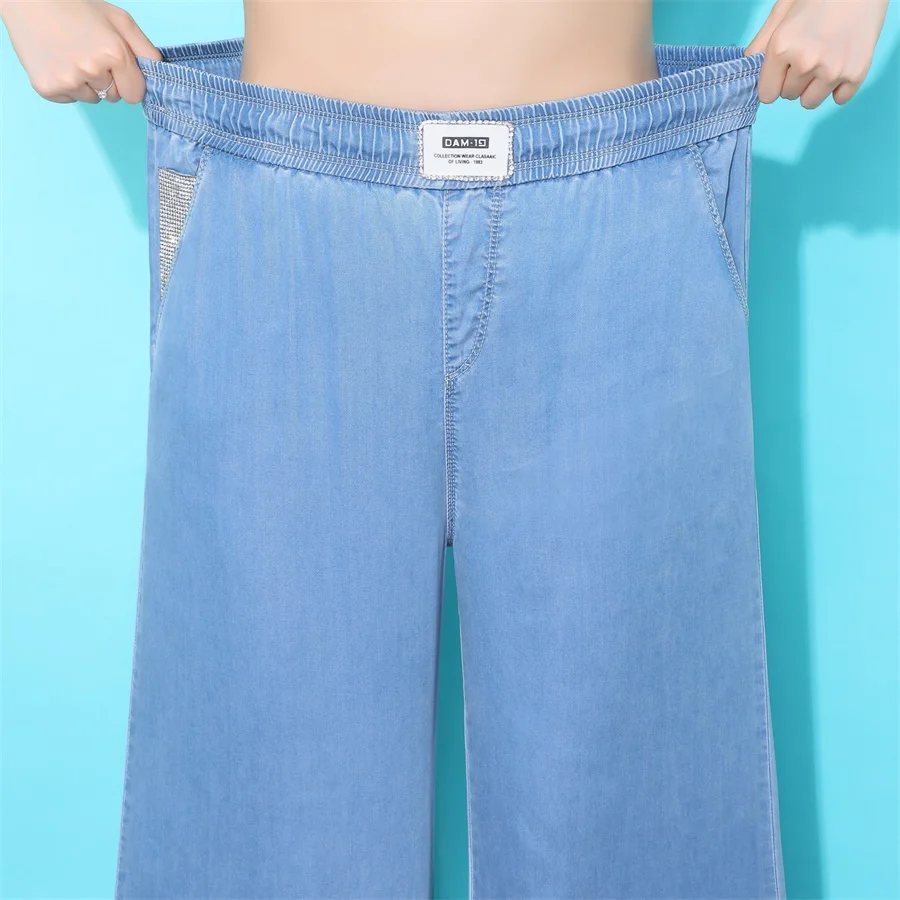 Siskakia Tencel джинсы женские тонкие летние крутые дышащие прямые брюки с эластичной резинкой на талии, стразы, бахрома, джинсовые штаны длинные синие
