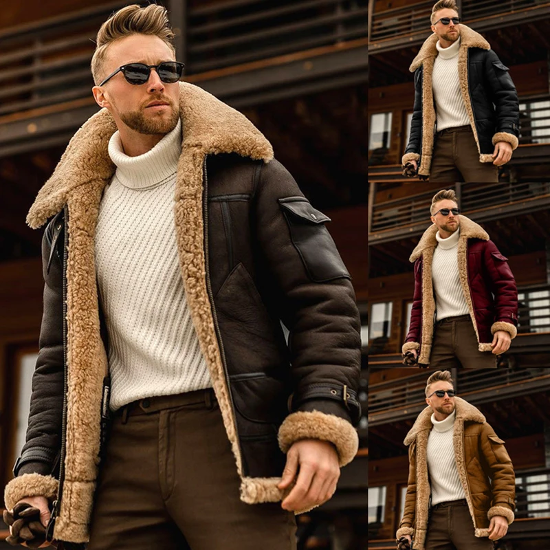 

New Men Mid-length Windbreaker Jacket With Lapel Suede Coat Fashion Padded Long-Sleeve Lamb Fur Coats Plus Size L-5XL