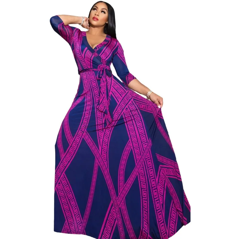 Long-Sleeved Sexy Dress Dashiki Printed V-Neck Slim Loose-Fitting Long Dress 2021 Autumn Fashion Casual African Women
