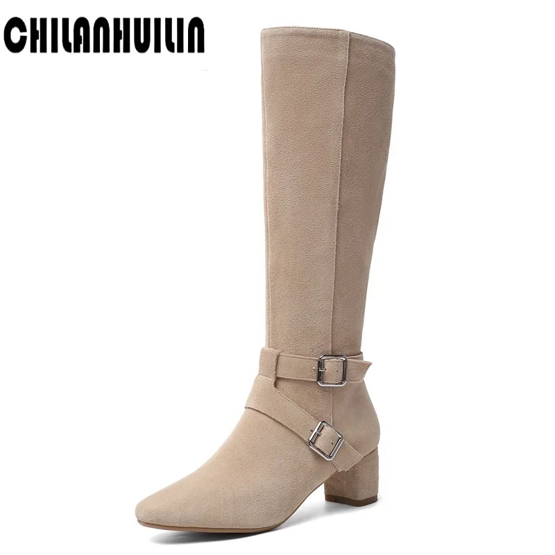 

suede leather knee high riding boots fashion buckle equestrian long boots women zipper high heels round toe platform shoes woman