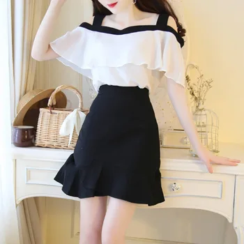 

One-piece Collar Chiffon Top Bag Hip Fishtail Skirt Two-piece Set Black XL