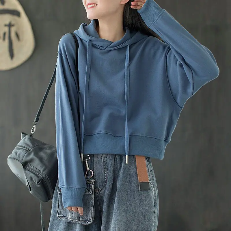

Spring And Autumn Sweatshirt Women's Pullover Hooded Cotton Solid Color Tie Short Style Long Sleeve Loose Casual Fashion Girls