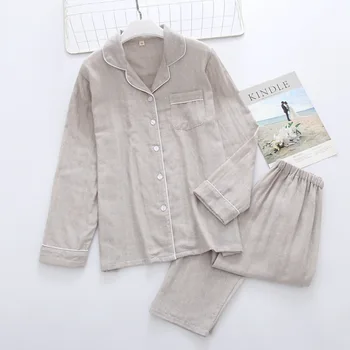 

Thin Home Wear 2 Pcs Set Sleepwear for Couple Cotton Gauze Loungewear Long Sleeves Trousers Grey Pj Sets for Lovers Pijama Mujer