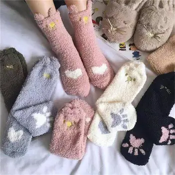 

Winter Thicken Warm Women Socks Cute Cat Paw Cartoon Colorful Lovely Sleeping Home Floor Bedroom Socks Harajuku Kawaii Girl Sox