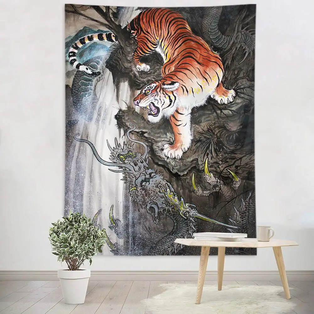 

Animal Dragon Tiger Tapestry Chinese Style Printed for Home Decorative Hippie Wall Hanging Tapestries Yoga Mat Carpet Blanket