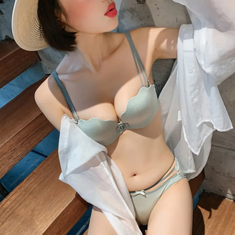 

Non-slip front button sexy underwear half cup smooth small chest gathered on the support of girls bra suit medium-thin