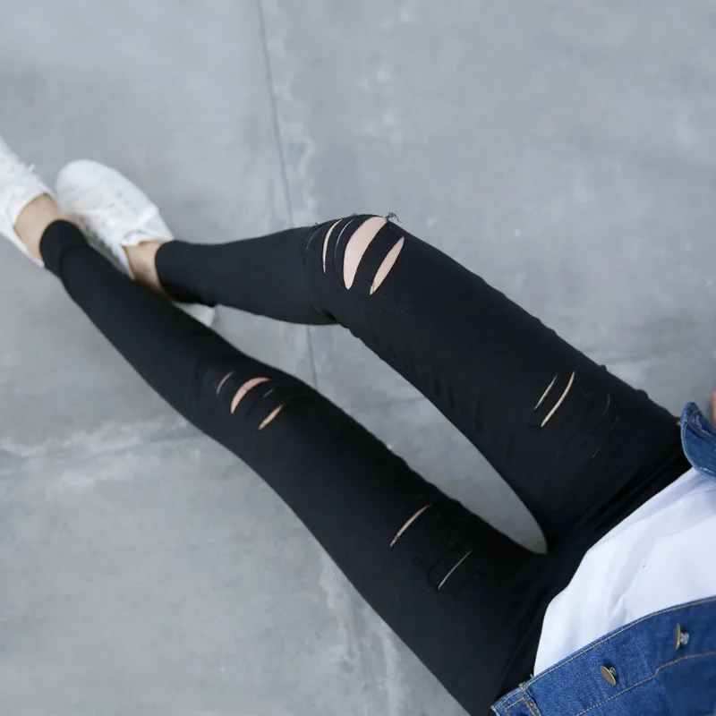 

Elastic Cotton High Waist Skinny Fashion Boyfriend Jeans for Women Holes Vintage Girls Slim Ripped Imitation Denim Pencil Pants
