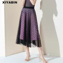 Стиль в сезон весна-лето джинсы скинни с завышенной талией, темпераментное, с цветочным принтом, штаны-юбка с сеткой длиной до половины средней длины фонд