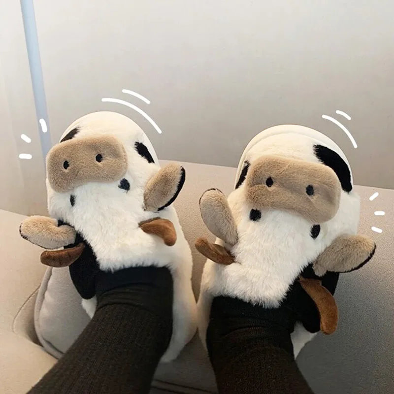 

New Cute Cow Cotton Slippers Cartoon Animals Plush Indoor Slippers Women Autumn Winter Fluffy Furry Slippers Zapatos De Mujer