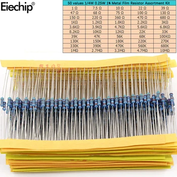 

500pcs/lot 50 values 1/4W 0.25W 1% Metal Film Resistor Assortment Kit Set 1R-10mR 1ohm-10Mohm resistor samples kit