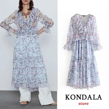 

KONDALA za 2020 women dress vintage floral print ascading party dress petal sleeve ruffles mid-calf dress vestidos de fiesta