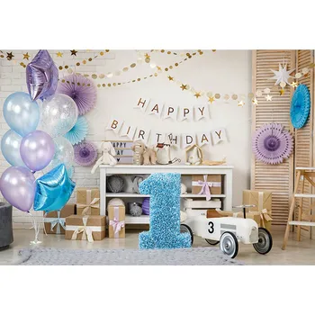 

Custom digital printing cloth 1 happy birthday balloons wall photo backgrounds for family party photography backdrops