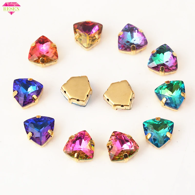 

RESEN 12mm Mix Crystal Glass Fat Triangular Stone Five kinds of Light Sew On Rhinestone With Holes DIY Clothing Accessories