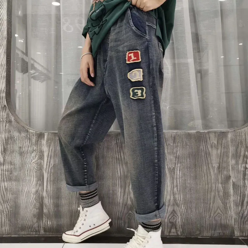 Retro Loose Fall Elastic Jeans Bottom Pants Embroidery Pants Boyfriend Jeans for Women Plus Size Jeans Elastic Waist