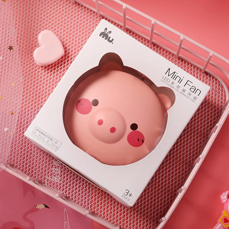 Pig Beauty Portable Led Mirror Pocket Fan Usb Charging Mini Handheld Fan With Mirror Led Light Portable Small Fan