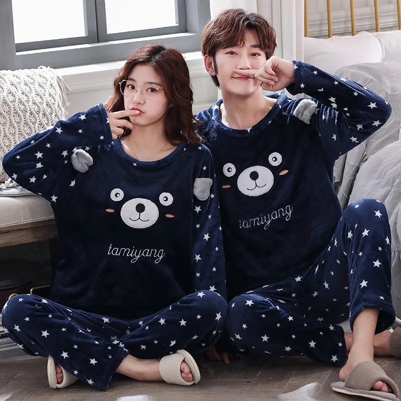 

Couples Thick Warm Flannel Long Sleeve Pajama Set for Women Winter Cute Cartoon Coral Velvet Sleepwear Men Homewear Home Clothes