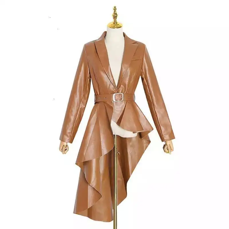PU leather women's trench lapel collar long sleeve sashes irregular hem windbreaker female fashion autumn F318