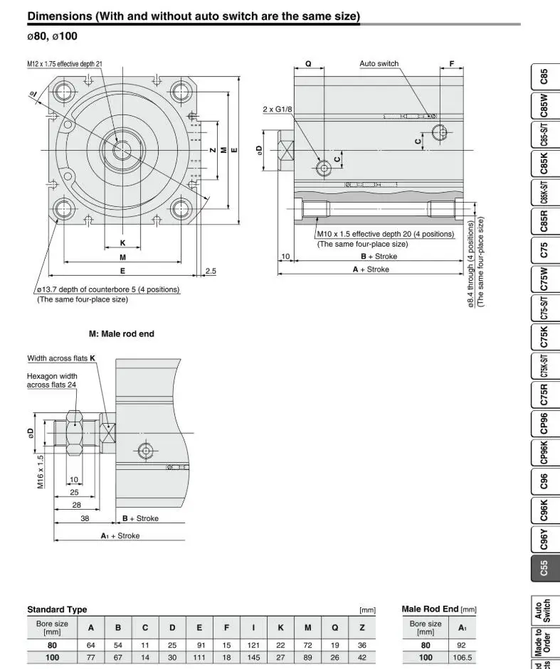 CD55B63-5 CD55B63-10 CD55B63-15 CD55B63-20 CD55B63-25 CD55B63-30 CD55B63-35 CD55B63-40 CD55B63-45 CD55B63-50 SMC Компактный цилиндр двойного действия одинарный стержень сквозное отверстие CD55B серии обоих концах нарезной общий