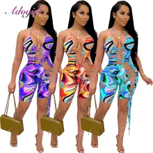 

Sexy Tie Dye Print Halter Hollow Out Bandage Night Party Club Playsuit Women 2021summer Outfit Backless Lace Up Rompers Jumpsuit