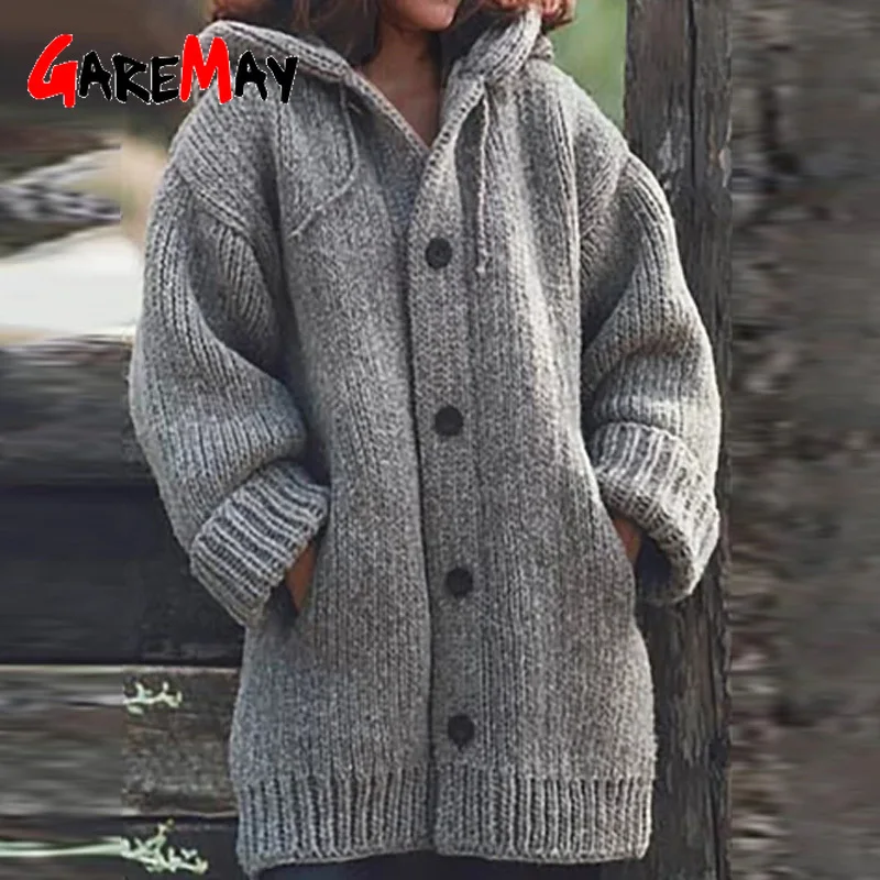 Cardigan Hooded Oversize Knitwear Sweater Female Winter Casual Long Sleeve Button Knitted Coat Women Autumn Hooded Outerwear 5XL