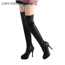 Cdpundari из натуральной кожи на высоком каблуке, Сапоги выше колена женские облегающие высокие ботинки женские туфли-лодочки на платформе; ботинки; зимняя женская обувь