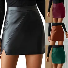 High Waist Split Pu Leather Women's Mini Skirt A-Line Black Sexy Female Short Skirt 2021 New Autumn Winter Lady Bottom