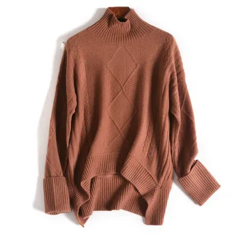 

Women Sweaters Fashion Pure Color Diamond Pattern After Short Before Long High Collar Warm Loose Australian Wool Ladies Sweater