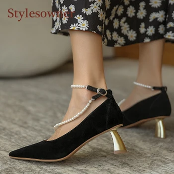 

Fashion Temperament Black High-heel Strange-heel Shoes Woman Sheepskin Pointed-toe One-word Pearl Strap Pumps For Party Wedding