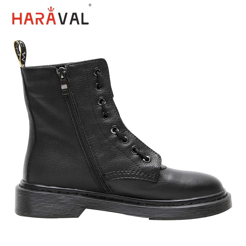HARAVAL Retro Women Ankle Boots Classic Comfortable Genuine Leather Round Toe Low Heel Shoes Black Solid Zipper Casual Boot B215
