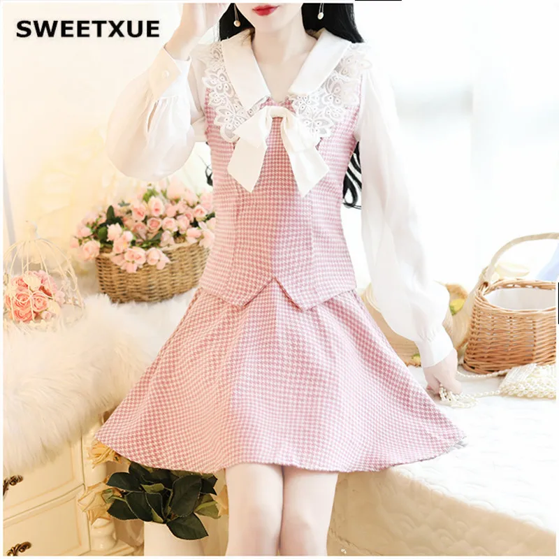 

SWEETXUE New Fashion Mini Skirt Set Lace Lapel Bow Long Sleeve Split Plaid Top High Waist Pleated Skirt Autumn Women's Suit