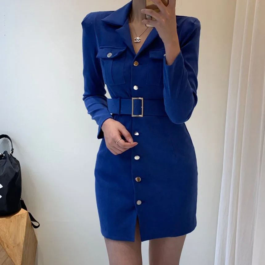 

2020 Autumn Winter Women Casual Dress Turn-down Collar Single Breasted Pockets Belt 5 Colour Slim Fit Fashion Mini Dress